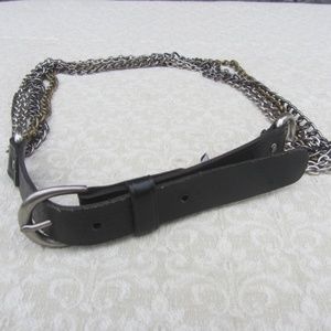 Fossil Black Leather Chain Belt L Rhinestone Retro Punk Chain Rhinestone